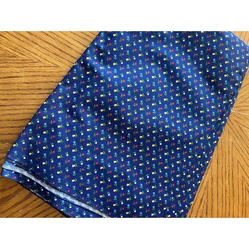Vintage Blue Floral Fabric Dark Navy Red Yellow Tulip Flower Cottagecore 1.5 Yds